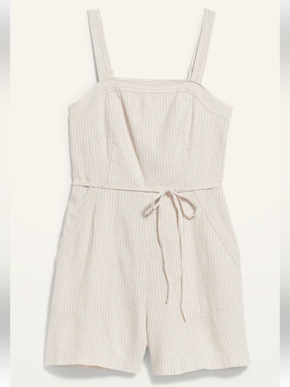 NEW Old Navy Linen Blend Romper Medium Beige White Stripe Coastal Casual Summer